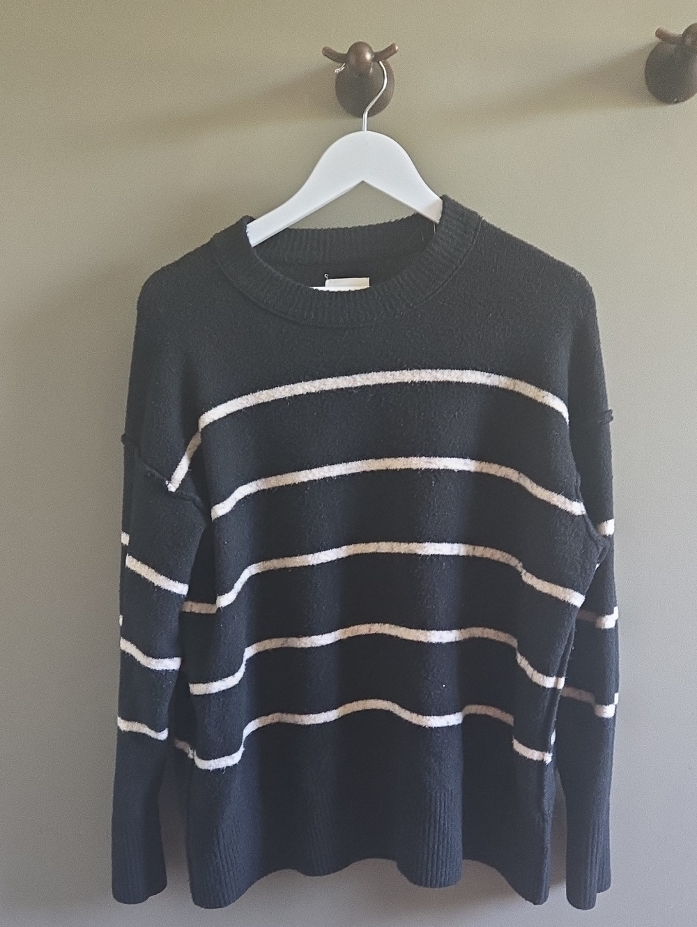 Women's Black Crewneck Sweater with Cream Stripes